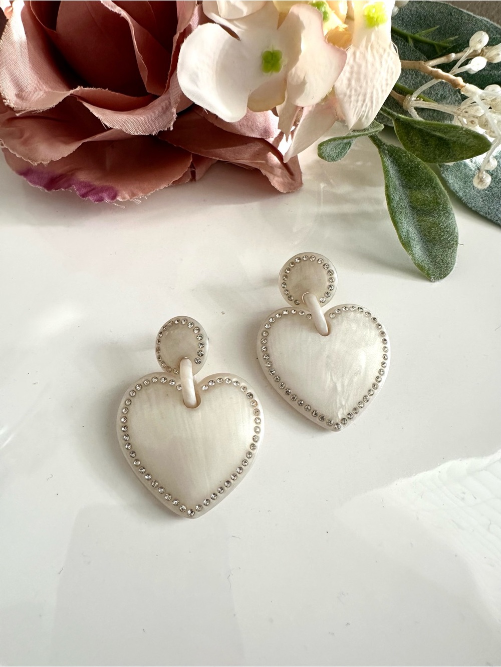 Lele Sadoughi Jeweled Stitched Heart MOP Dangle Earrings